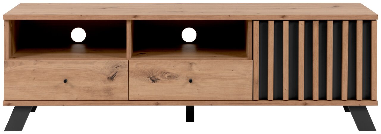 Frontansicht eines TV-Lowboards aus Holz mit zwei offenen Fächern, zwei Schubladen und einer Lamellen-Tür auf der rechten Seite.