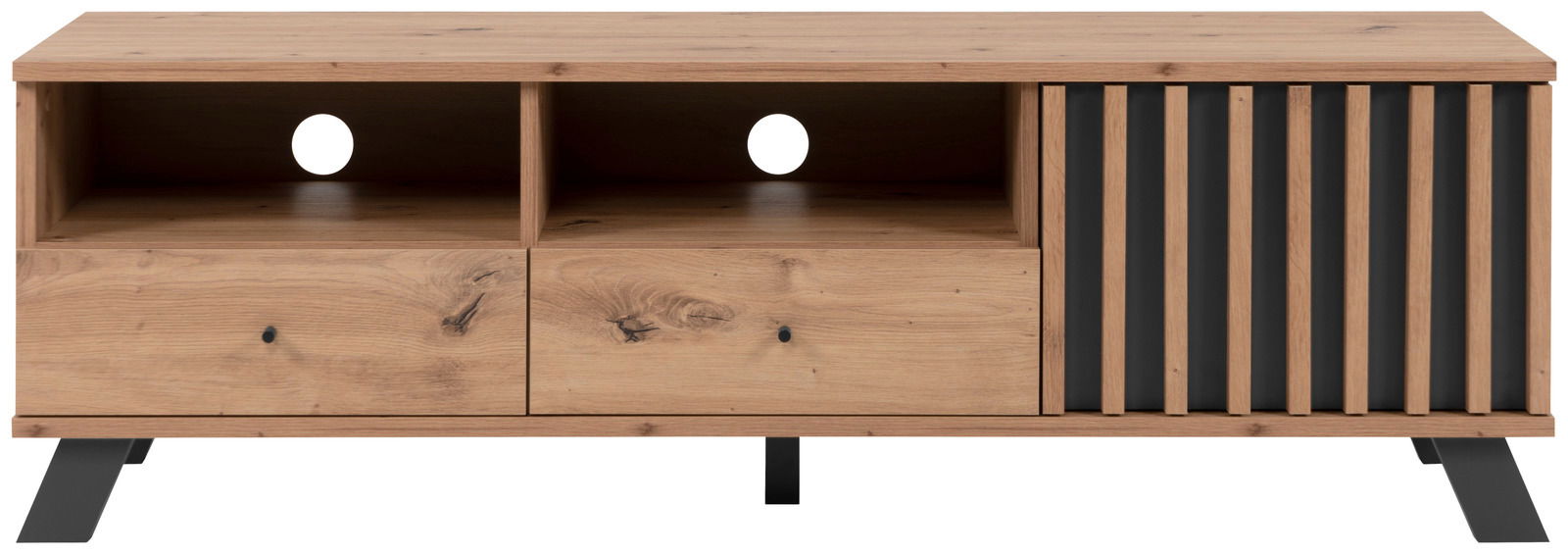 Frontansicht eines TV-Lowboards aus Holz mit zwei offenen Fächern, zwei Schubladen und einer Lamellen-Tür auf der rechten Seite.
