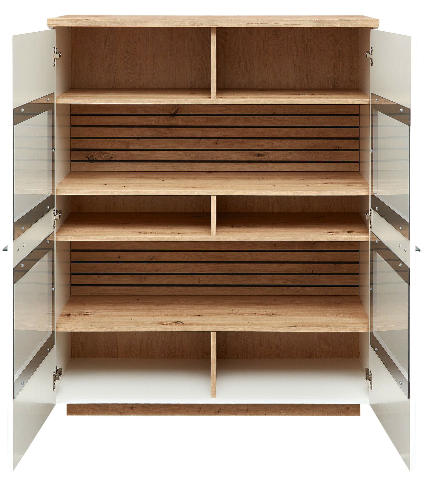 Zurbrüggen Highboard FRESNO Offenes Highboard aus Holz mit Glastüren, frontal betrachtet, zeigt mehrere Regalfächer und eine Rückwand mit horizontalen Holzleisten.