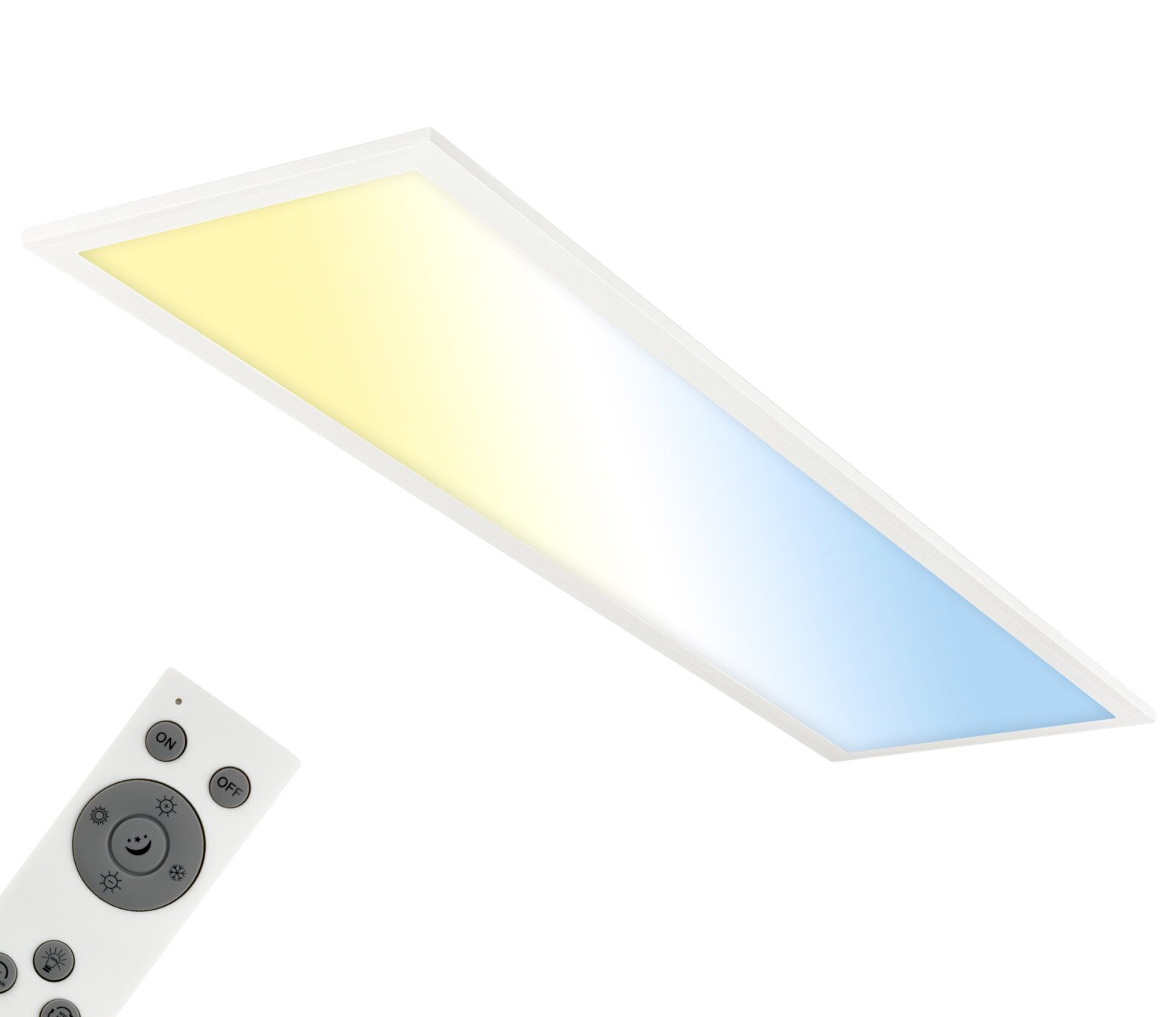 Rechthoekig LED plafondpaneel met witte rand en kleurtemperatuurverloop (warm naar koel), schuin van bovenaf in perspectief weergegeven, met afstandsbediening deels zichtbaar linksonder
