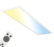 Rechthoekig LED plafondpaneel met witte rand en kleurtemperatuurverloop (warm naar koel), schuin van bovenaf in perspectief weergegeven, met afstandsbediening deels zichtbaar linksonder