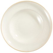 Crèmekleurig rond keramisch bord met fijne gespikkelde glazuurstructuur en beige rand, van bovenaf gezien
