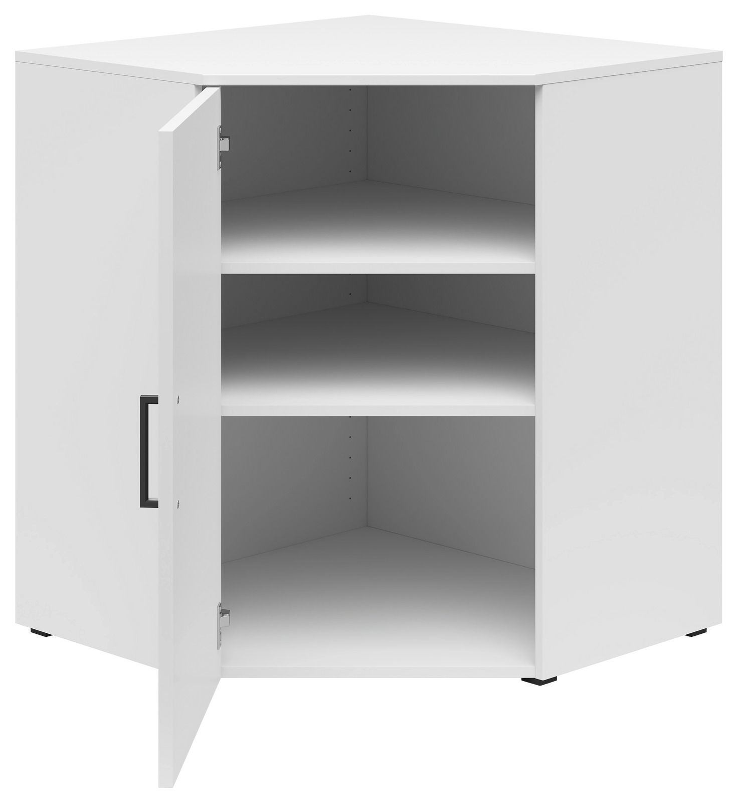 Weiße Eckkommode mit geöffneter Tür, zwei Einlegeböden und schwarzem Griff, Perspektive von vorne