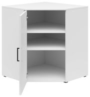 Weiße Eckkommode mit geöffneter Tür, zwei Einlegeböden und schwarzem Griff, Perspektive von vorne