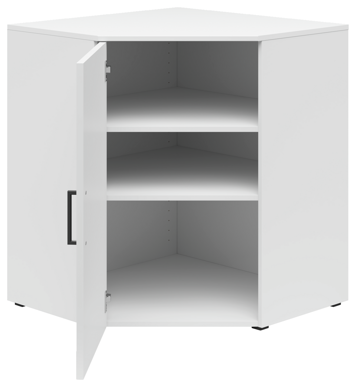 Weiße Eckkommode mit geöffneter Tür, zwei Einlegeböden und schwarzem Griff, Perspektive von vorne
