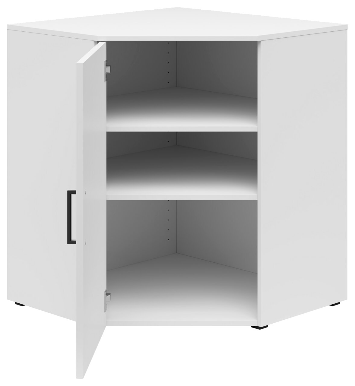 Weiße Eckkommode mit geöffneter Tür, zwei Einlegeböden und schwarzem Griff, Perspektive von vorne