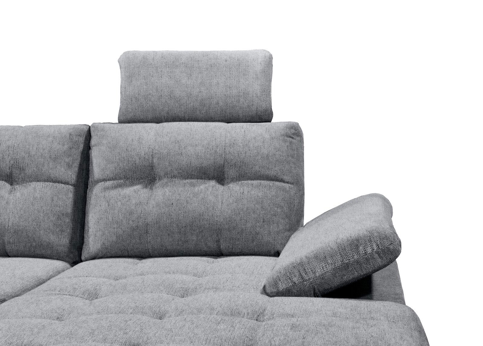 Graues Ecksofa DURBAN mit verstellbarer Kopfstütze und Armlehne, seitliche Perspektive