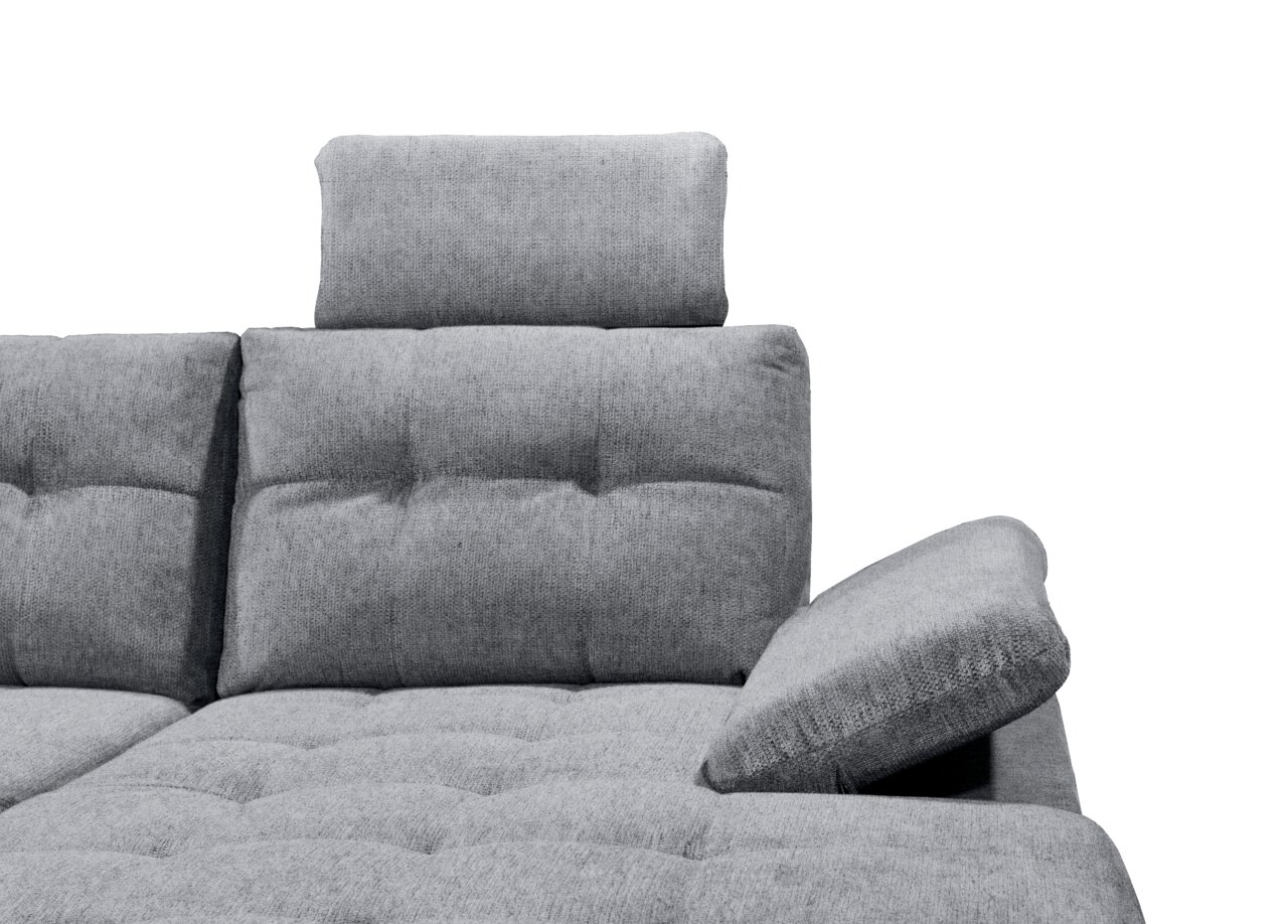 Graues Ecksofa DURBAN mit verstellbarer Kopfstütze und Armlehne, seitliche Perspektive