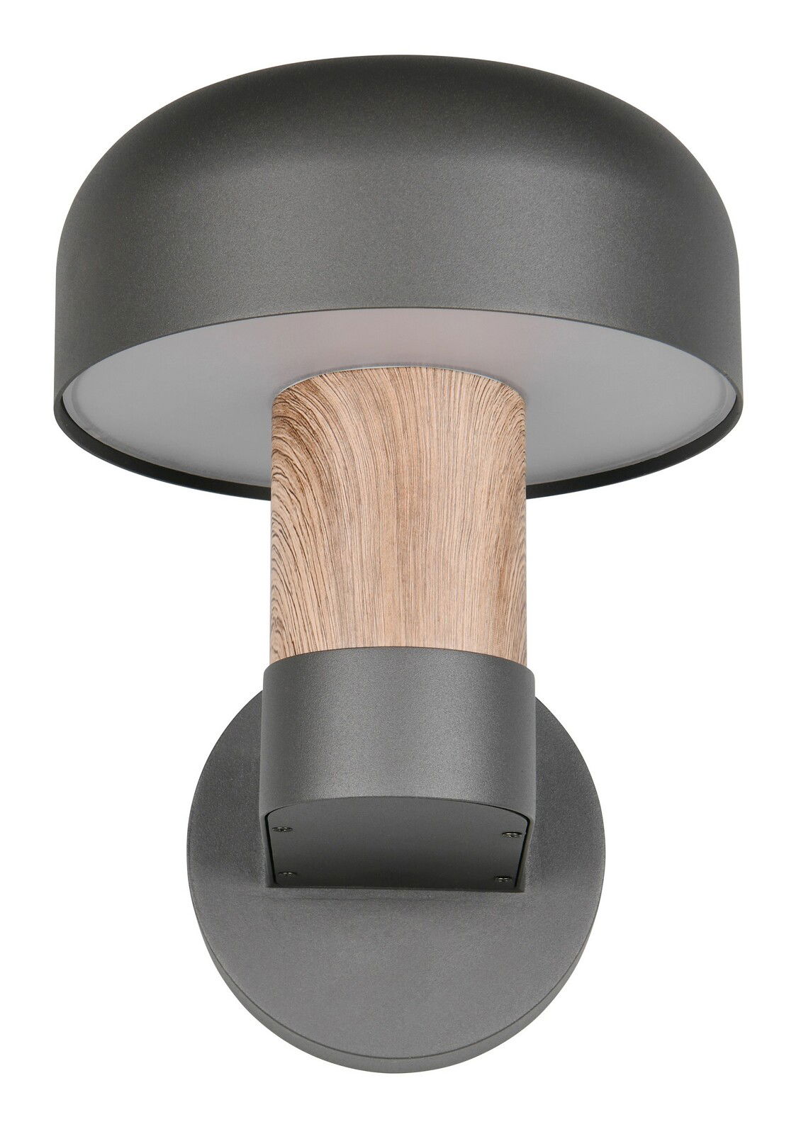 Moderne LED-Außenwandleuchte mit dunklem Schirm und Holzoptik, Ansicht von unten.