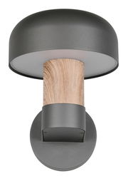 Moderne LED-Außenwandleuchte mit dunklem Schirm und Holzoptik, Ansicht von unten.