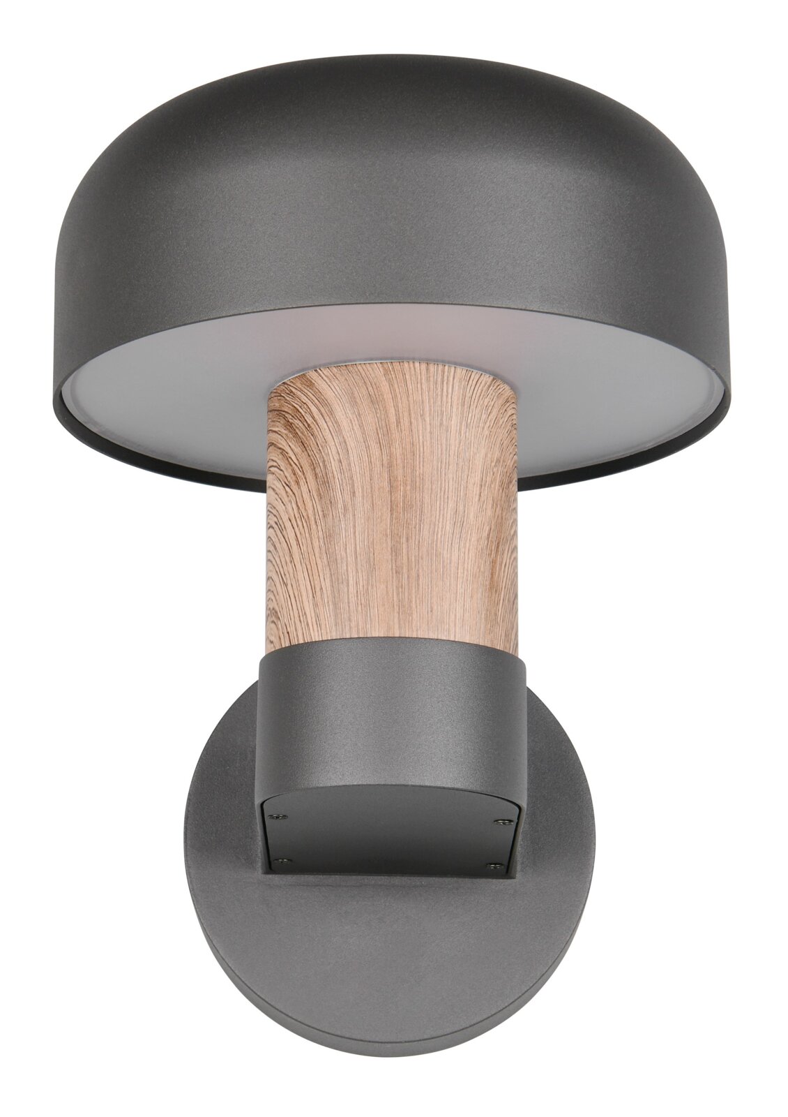 Moderne LED-buitenwandlamp met donkere kap en houtlook, gezien van onderaf.