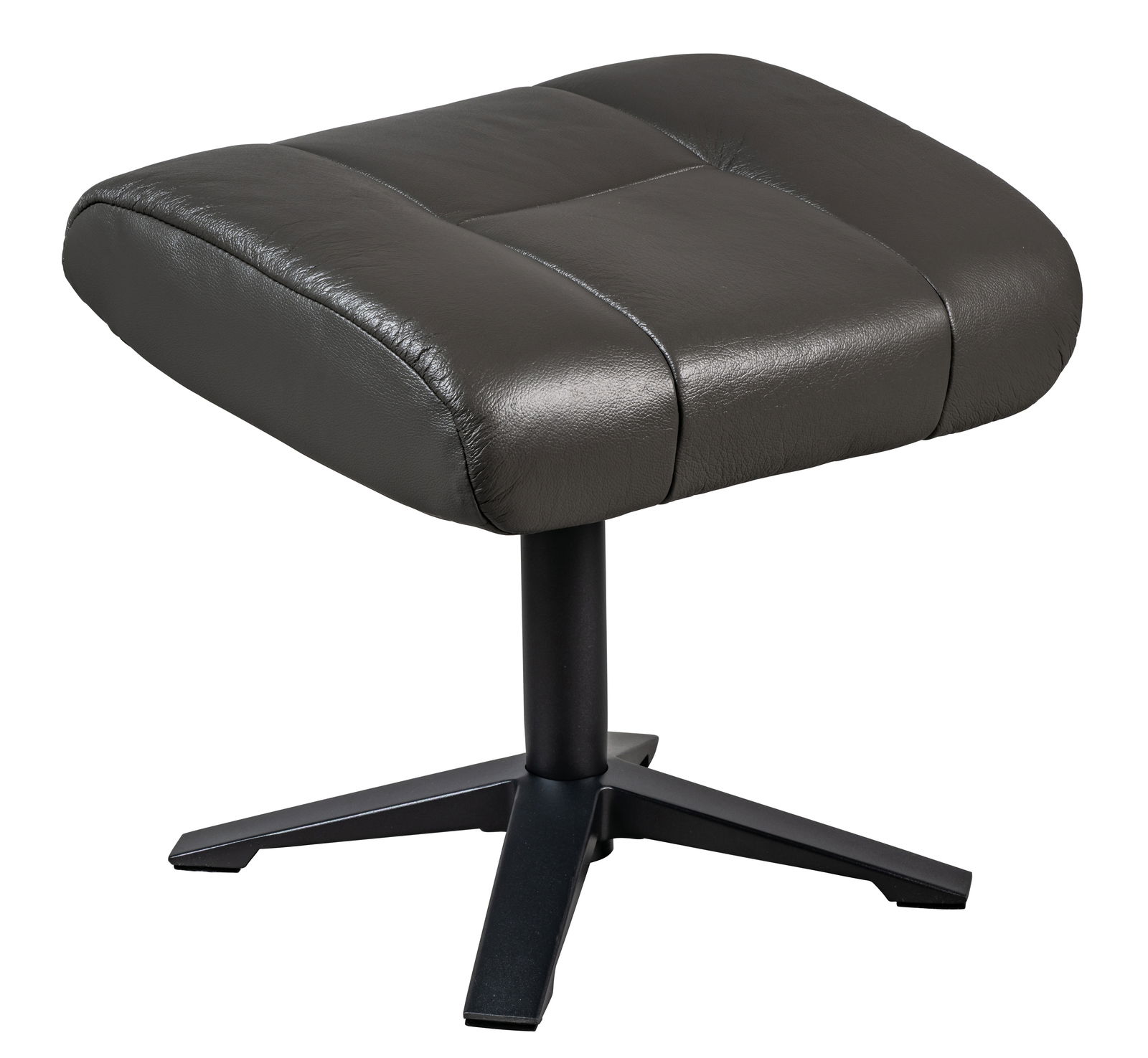 Schwarzer Hocker mit gepolsterter Sitzfläche und stabilem Metallfuß, seitliche Perspektive