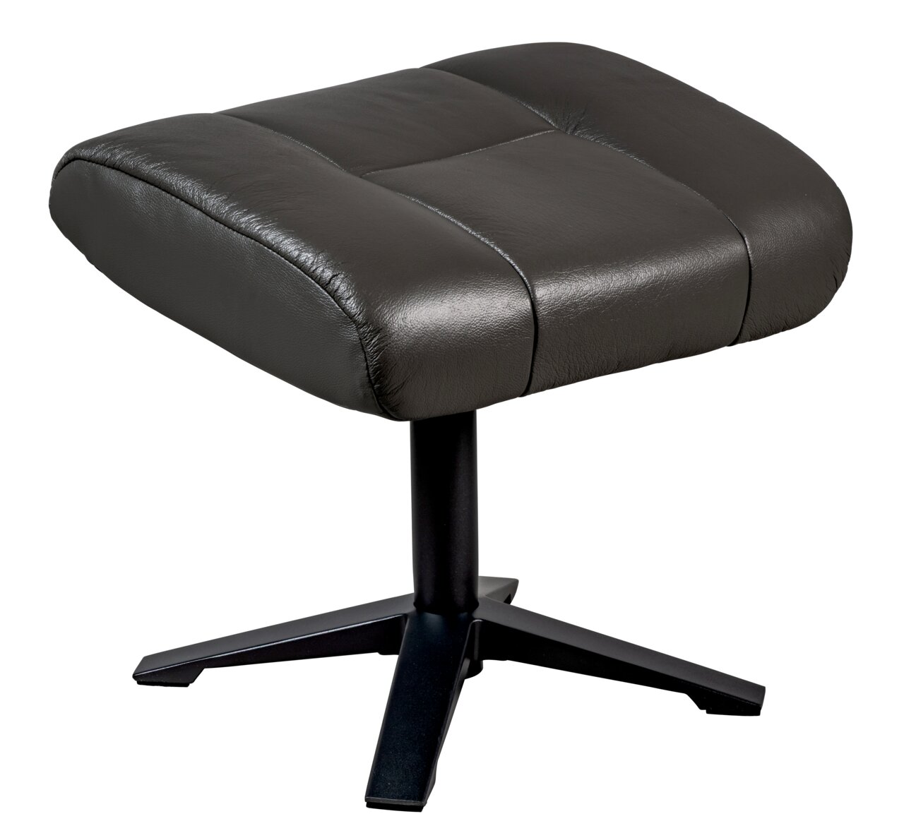 Schwarzer Hocker mit gepolsterter Sitzfläche und stabilem Metallfuß, seitliche Perspektive
