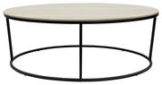 Runder Couchtisch mit heller Holzplatte und schwarzem Metallgestell, seitliche Perspektive
