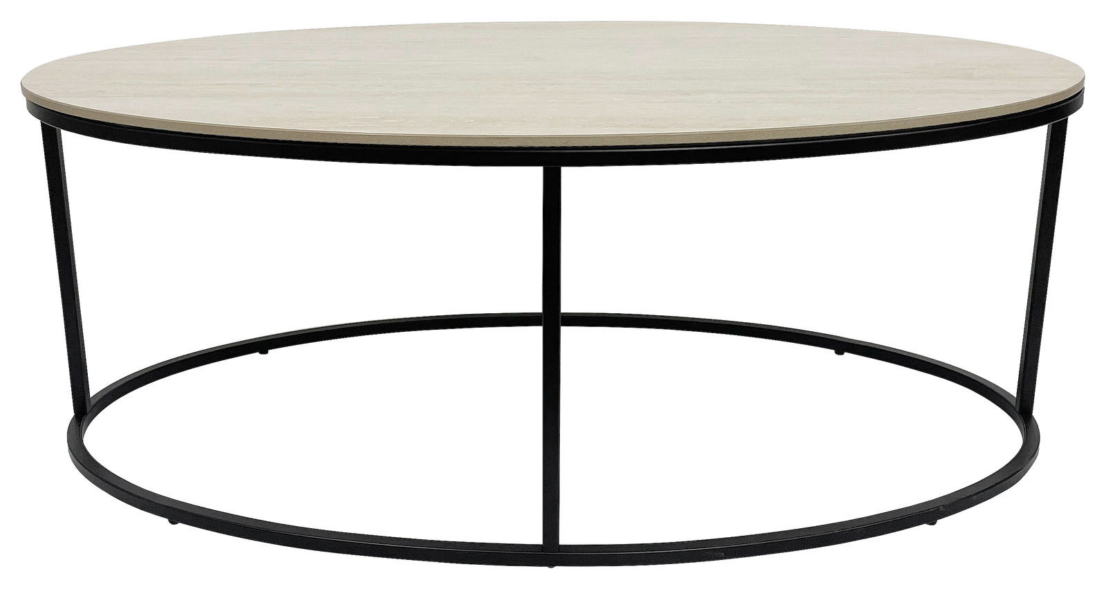 Runder Couchtisch mit heller Holzplatte und schwarzem Metallgestell, seitliche Perspektive