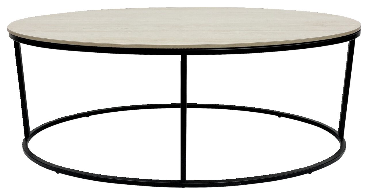 Runder Couchtisch mit heller Holzplatte und schwarzem Metallgestell, seitliche Perspektive