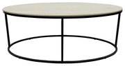 Runder Couchtisch mit heller Holzplatte und schwarzem Metallgestell, seitliche Perspektive