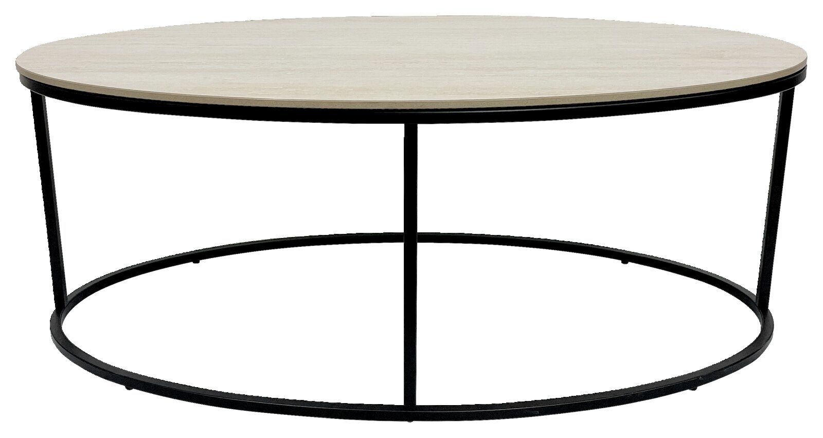 Runder Couchtisch mit heller Holzplatte und schwarzem Metallgestell, seitliche Perspektive