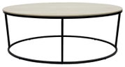 Ronde salontafel met een lichtgekleurd houten blad en een zwart metalen onderstel, zijaanzicht