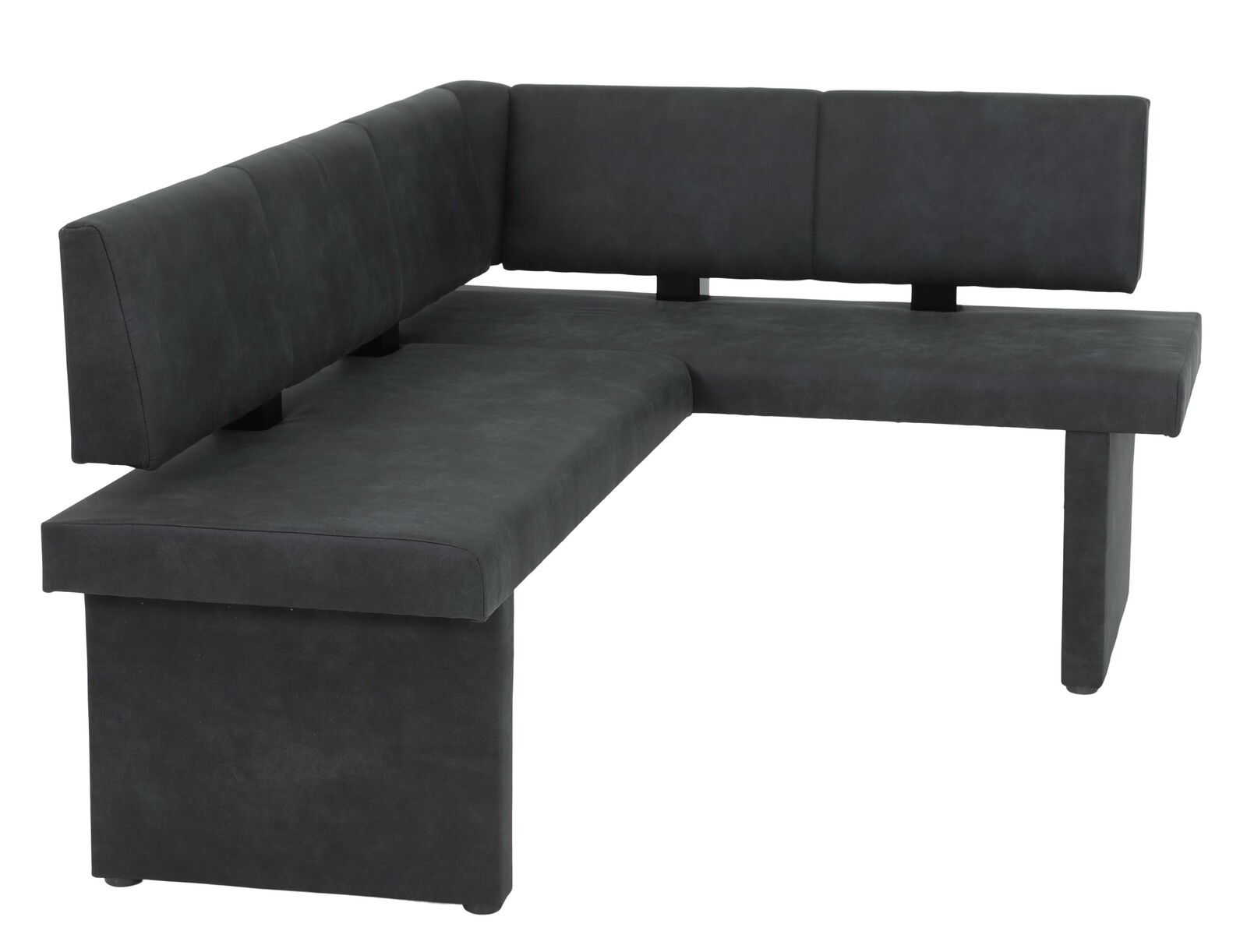 Eckbank in dunklem Stoffbezug, seitliche Perspektive