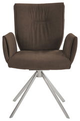 Moderner brauner Sessel mit Armlehnen und Metallbeinen, Frontalansicht