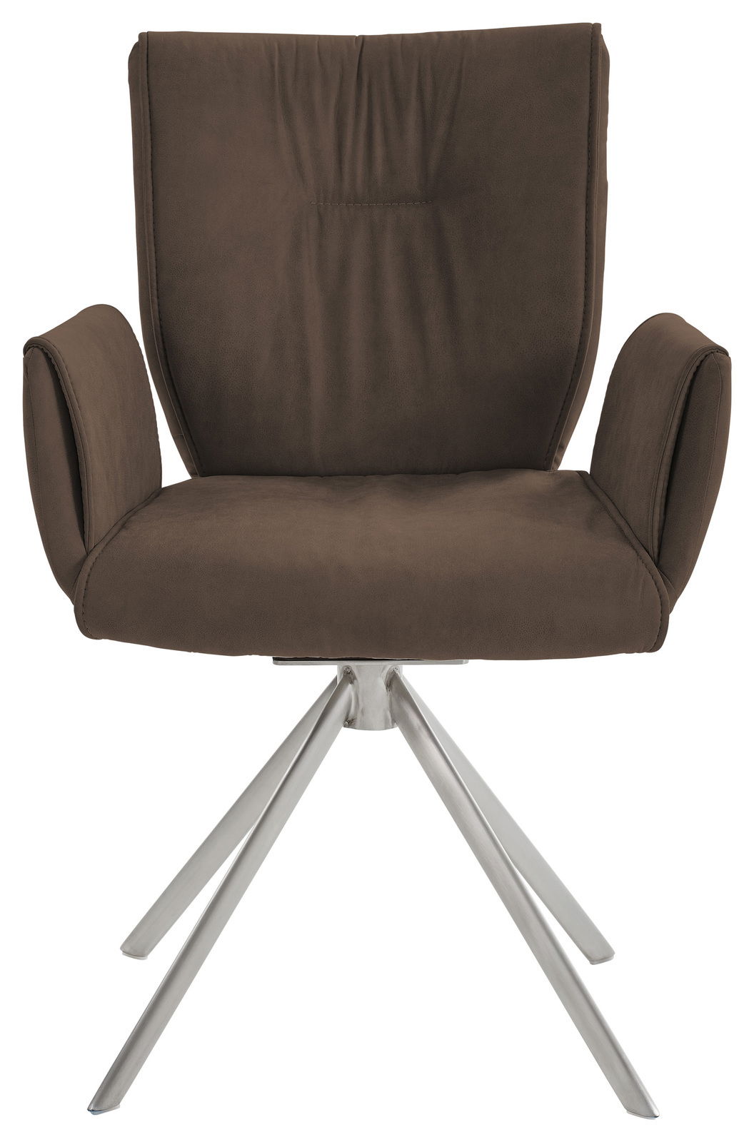 Moderner brauner Sessel mit Armlehnen und Metallbeinen, Frontalansicht