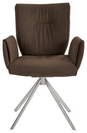 Moderner brauner Sessel mit Armlehnen und Metallbeinen, Frontalansicht