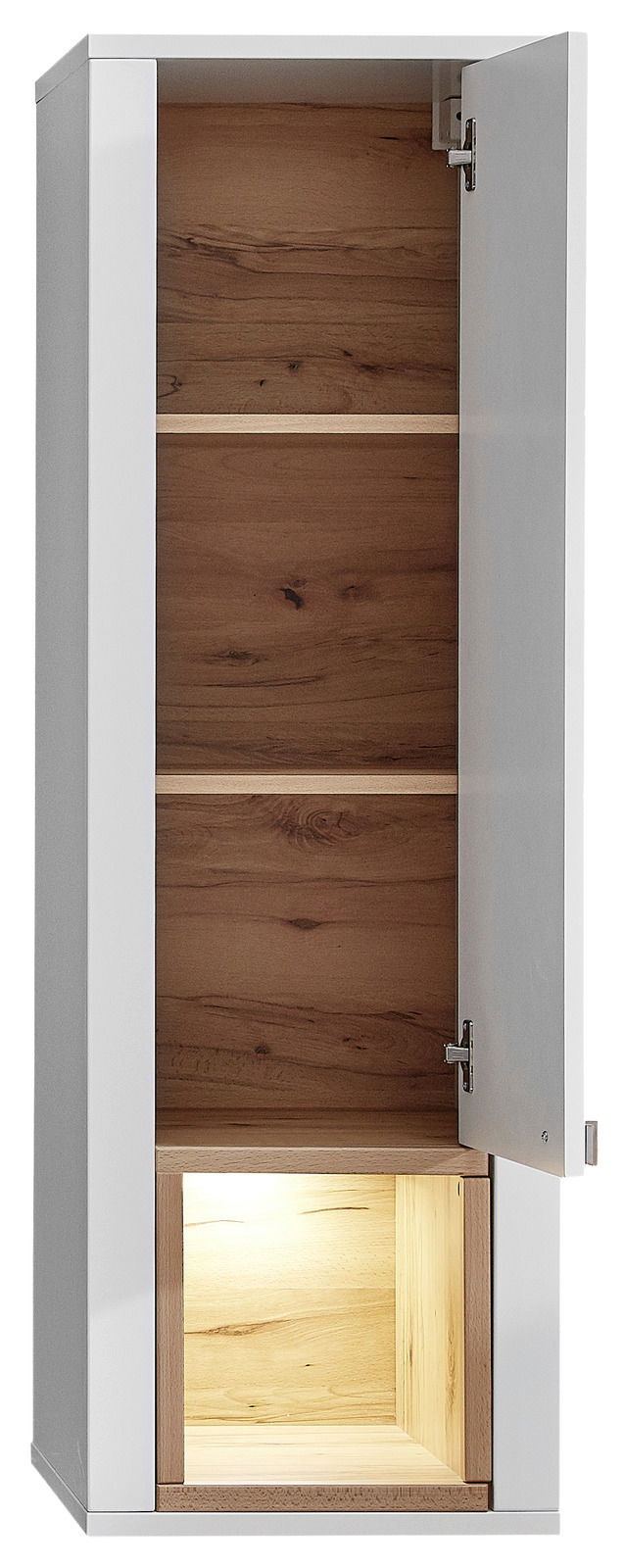 Hängevitrine mit weißer Tür, teilweise geöffnet, zeigt Innenraum mit Holzoptik und beleuchtetem Fach, Frontalansicht