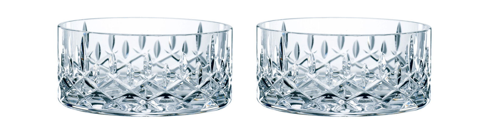 Nachtmann Schale 2-tlg NOBLESSE Zwei elegante, kristallklare Noblesse-Schalen mit aufwendigem Schliffmuster, frontal abgebildet.