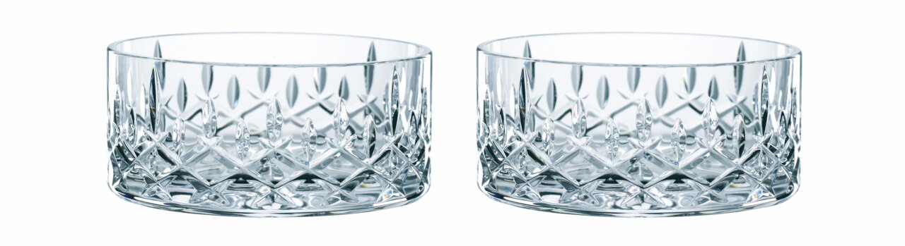 Nachtmann Schale 5cm 2-tlg NOBLESSE Zwei elegante, kristallklare Noblesse-Schalen mit aufwendigem Schliffmuster, frontal abgebildet.