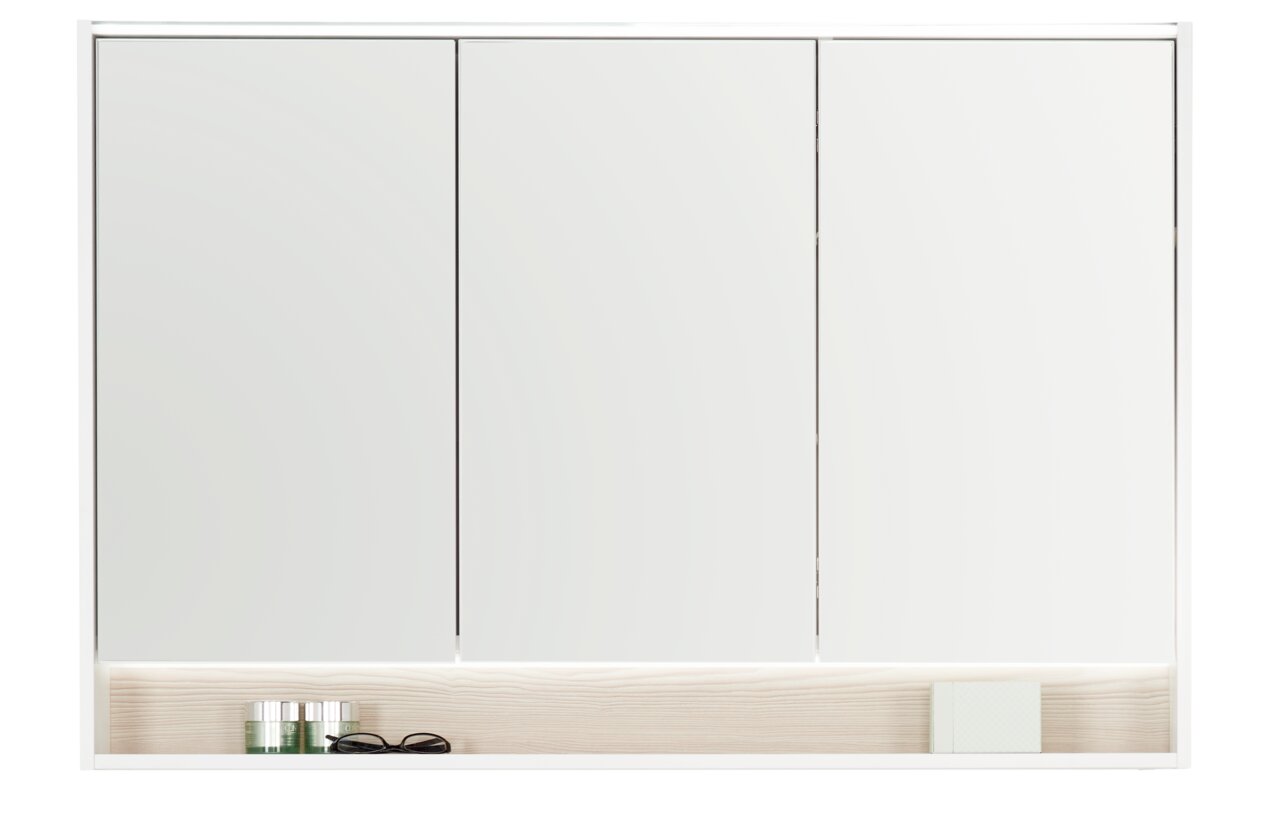 Moderner Spiegelschrank mit drei Türen und integrierter Ablage, Frontalansicht