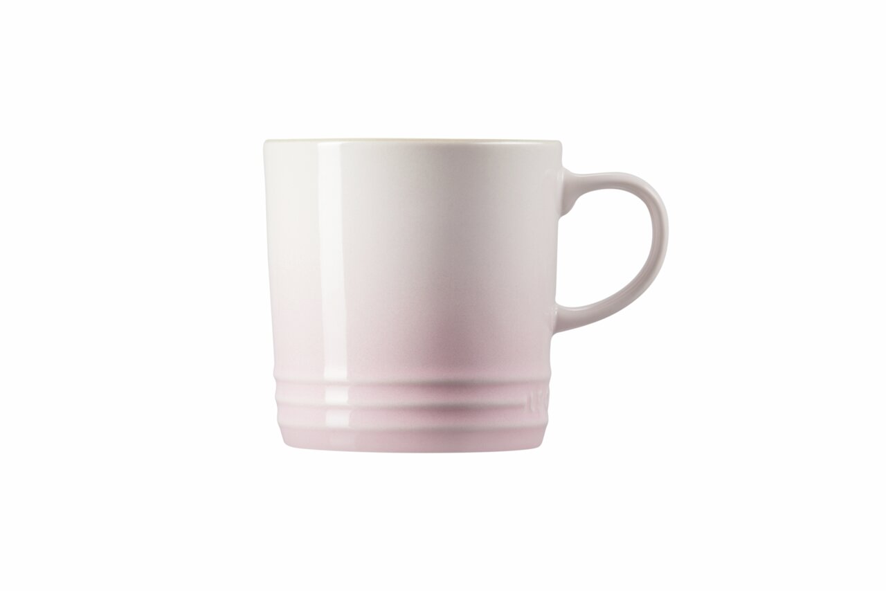 Rosa Becher mit Henkel, seitliche Ansicht