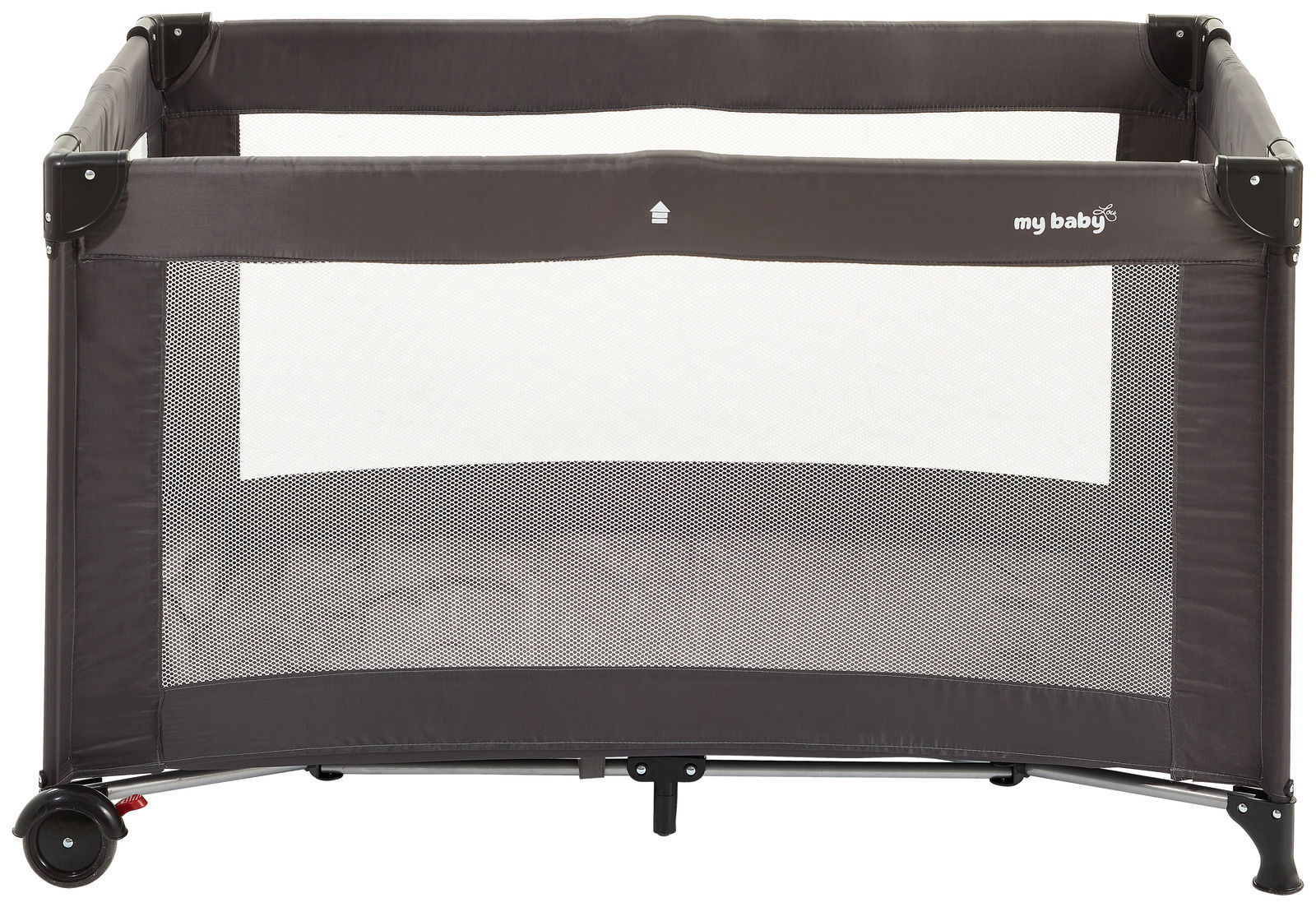 Reisebett in dunkler Farbe mit Netzseiten, Vorderansicht