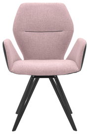 Vorderansicht eines modernen Armlehnenstuhls mit rosa Polsterung und schwarzen Metallbeinen