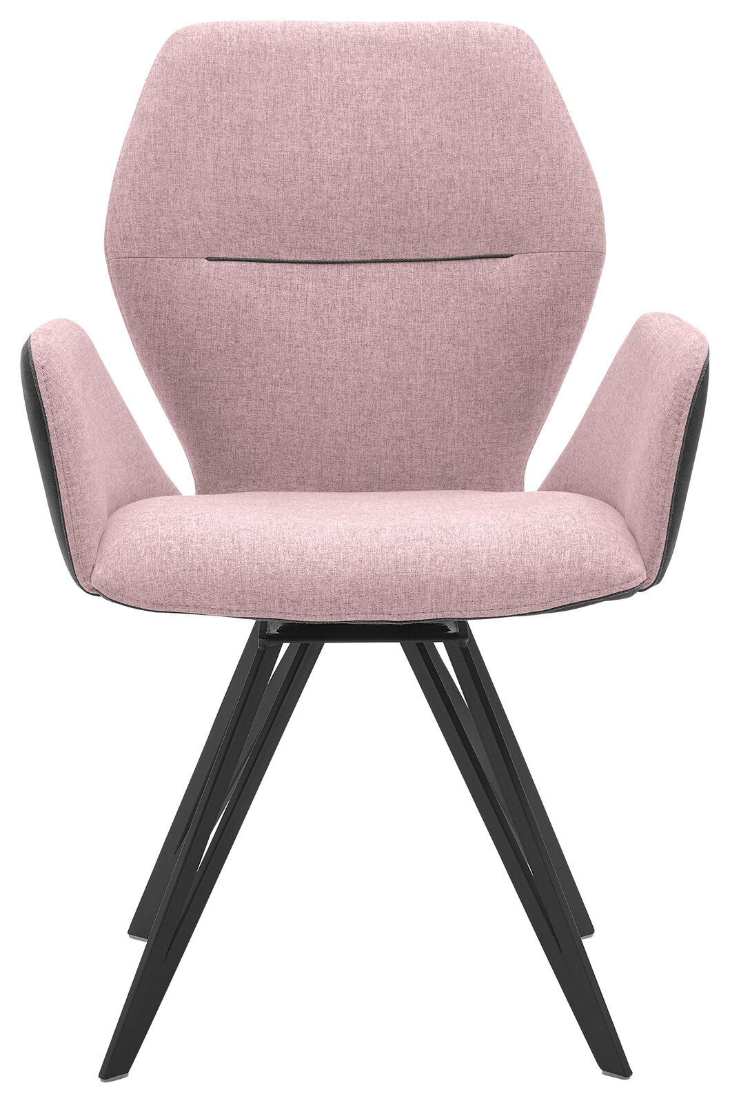 Vorderansicht eines modernen Armlehnenstuhls mit rosa Polsterung und schwarzen Metallbeinen