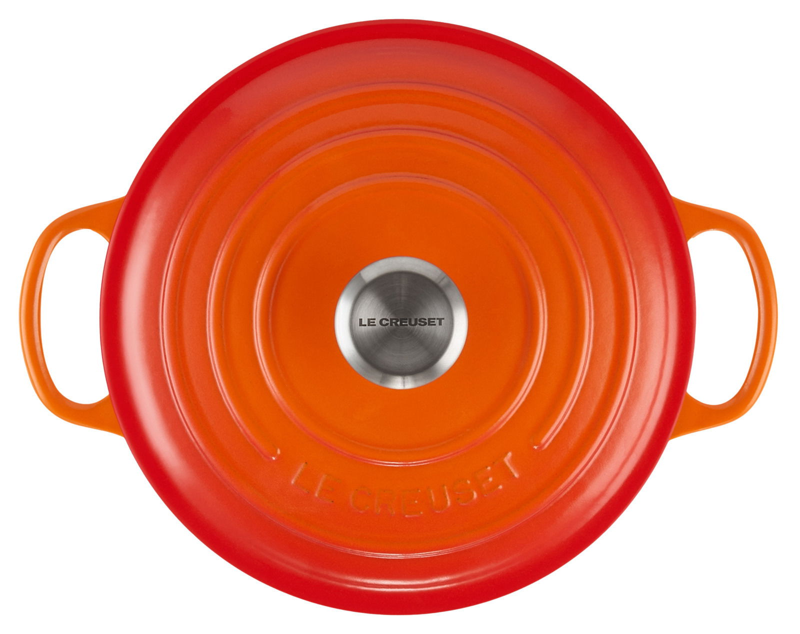 Runder Bräter 28cm in Ofenrot von oben mit zwei Griffen