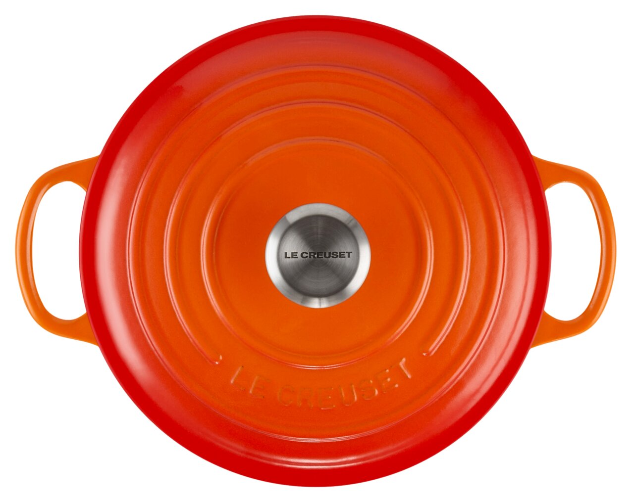 Runder Bräter 28cm in Ofenrot von oben mit zwei Griffen