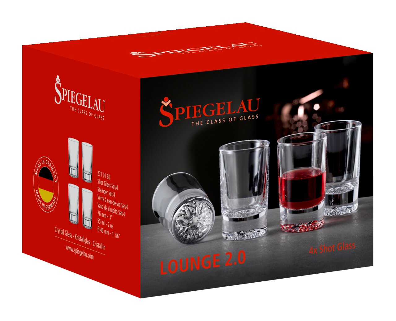 Vierer-Set Schnapsgläser von Spiegelau, präsentiert in einer stilvollen Verpackung mit einem Glas in Nahaufnahme und drei gefüllten Gläsern im Hintergrund. Perspektive: Schräg von vorne.
