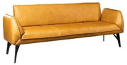 Gelbes Sofa im modernen Design mit schwarzem Metallgestell, seitliche Armlehnen und gepolsterte Rückenlehne, freigestellt vor weißem Hintergrund, Ansicht schräg von vorne