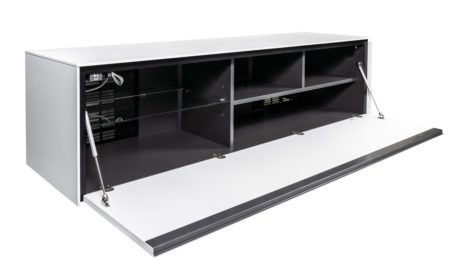 TV-Element mit geöffnetem Frontpanel, zeigt Innenfächer und Kabelmanagement, Perspektive von vorne.