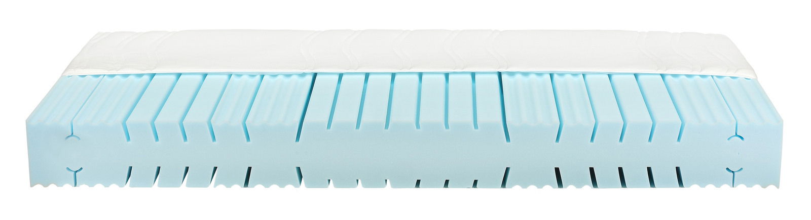 Seitenansicht eines Matratzen-Rahmen-Sets H2 mit blauer Schaumstoffstruktur und weißem Bezug.