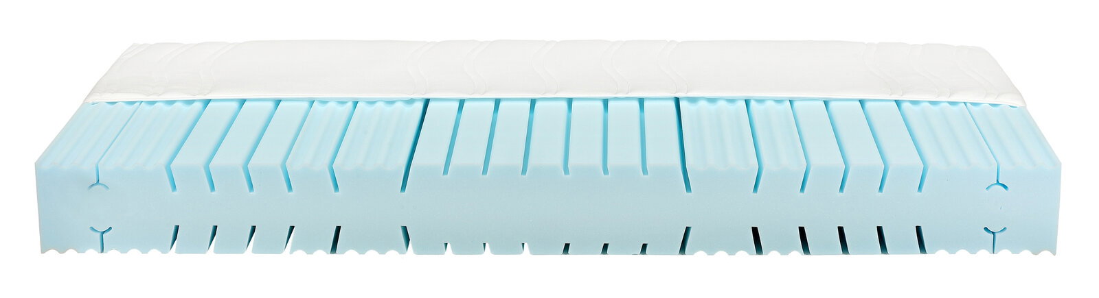 Seitenansicht eines Matratzen-Rahmen-Sets H2 mit blauer Schaumstoffstruktur und weißem Bezug.