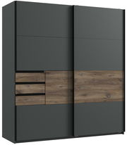 Moderner Schwebetürenschrank mit zwei Türen in dunklem Grau und Holzoptik, Frontalansicht