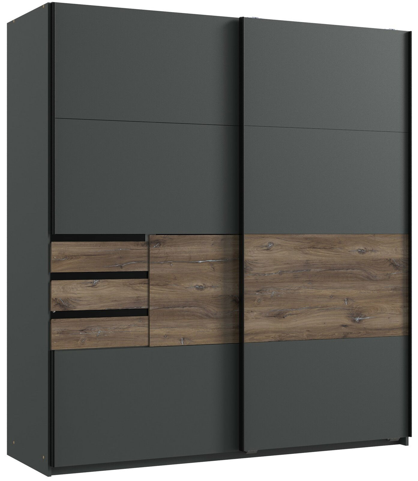 Moderner Schwebetürenschrank mit zwei Türen in dunklem Grau und Holzoptik, Frontalansicht