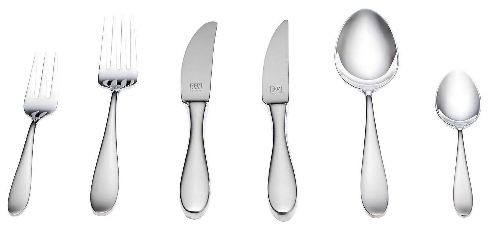 Besteckset bestehend aus Gabeln, Messern und Löffeln in einer frontalen Ansicht