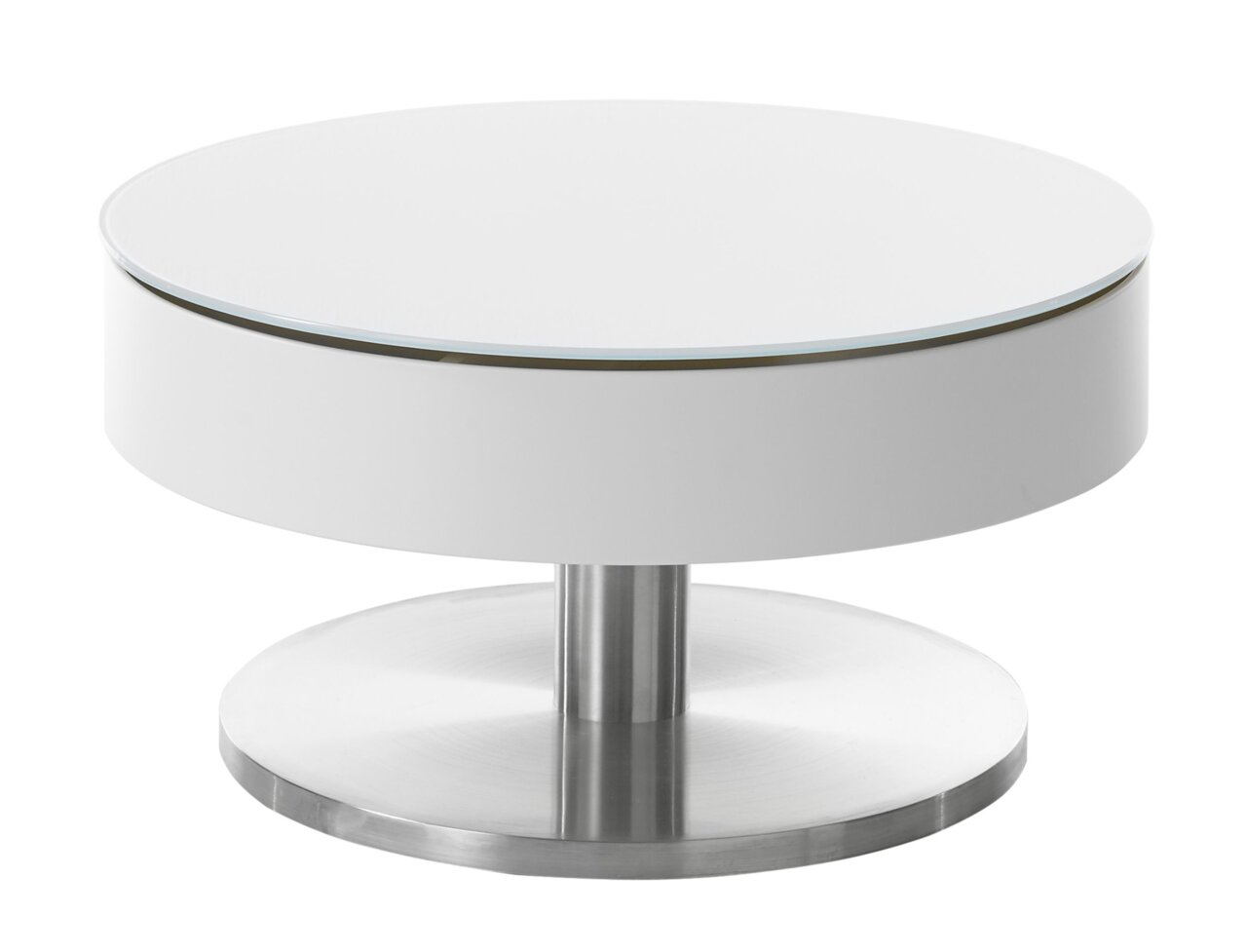 Moderner runder Couchtisch in Weiß mit Glasplatte und Metallfuß, seitliche Perspektive