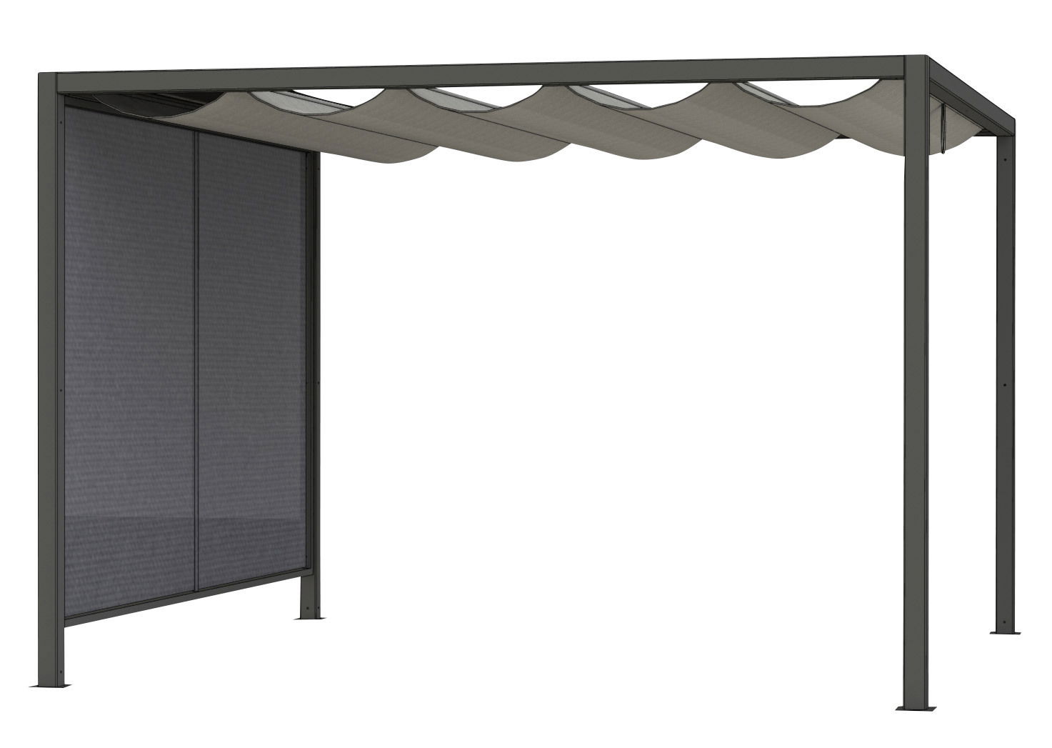 Moderner Sichtschutz Ranotex mit stabilem Metallrahmen und wellenförmigem Dach, seitliche Perspektive