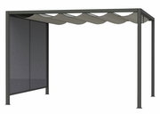 Moderner Sichtschutz Ranotex mit stabilem Metallrahmen und wellenförmigem Dach, seitliche Perspektive