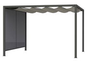 Moderner Sichtschutz Ranotex mit stabilem Metallrahmen und wellenförmigem Dach, seitliche Perspektive