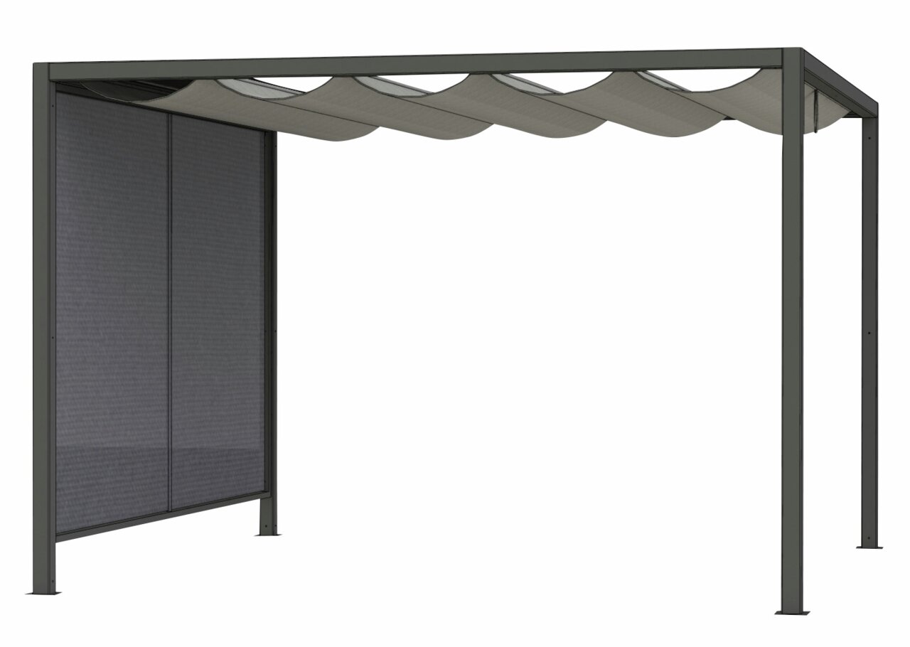 Moderne Ranotex-zonnescherm met stevig metalen frame en golvend dak, zijaanzicht